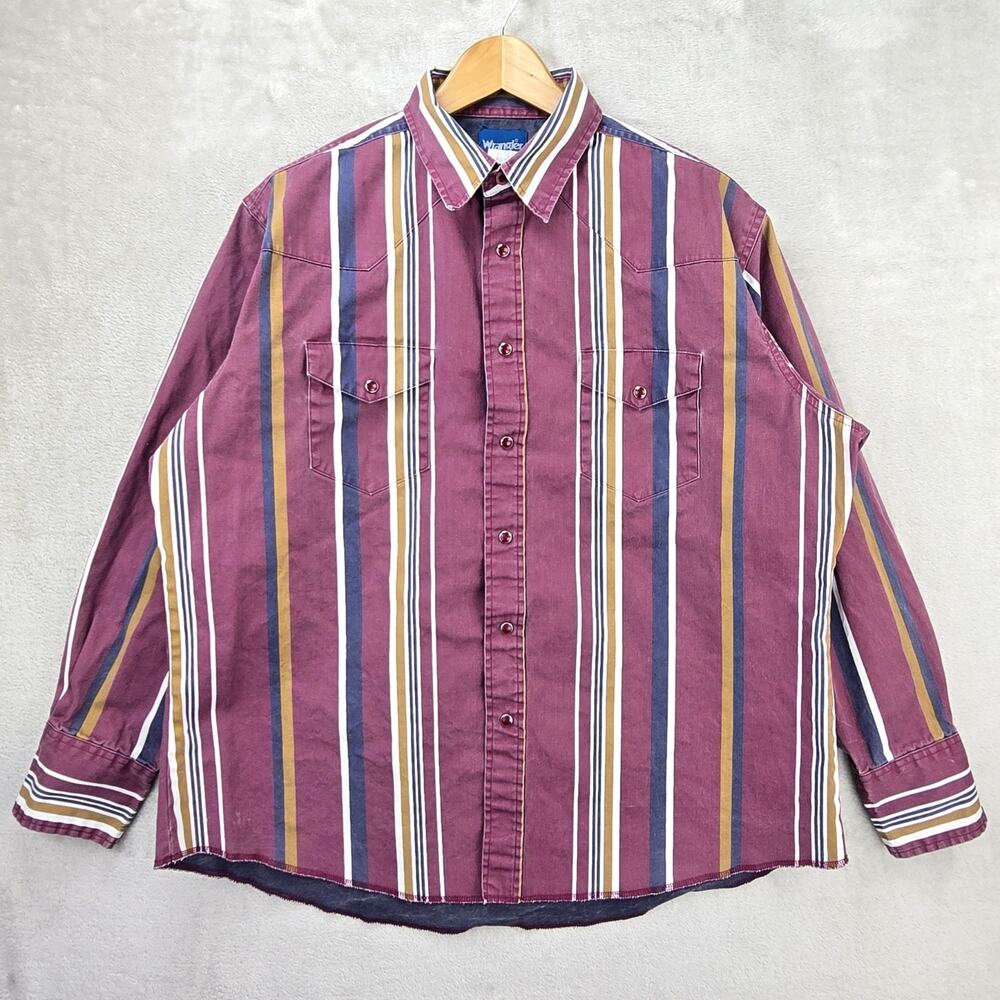 Vintage‎ Wrangler Brushpopper Shirt Men XL Stripe Pearl Snap Cowboy Western